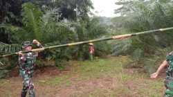 Anggota Satgas TMMD Bawa Bambu untuk Percepatan Pemindahan Material di tengah Jalan yang Becek.!