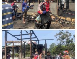 Sigap dan Peduli, Sat Samapta Polres Lampung Barat Bantu Damkar Bersihkan Puing Kebakaran di Pasar Pekon Balak